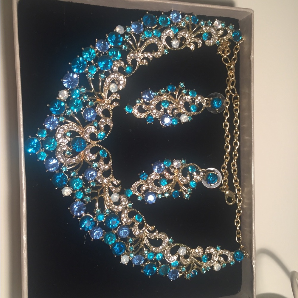Blue stone necklace and earrings.
